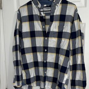 Express Blue and White Casual Button Down Shirt